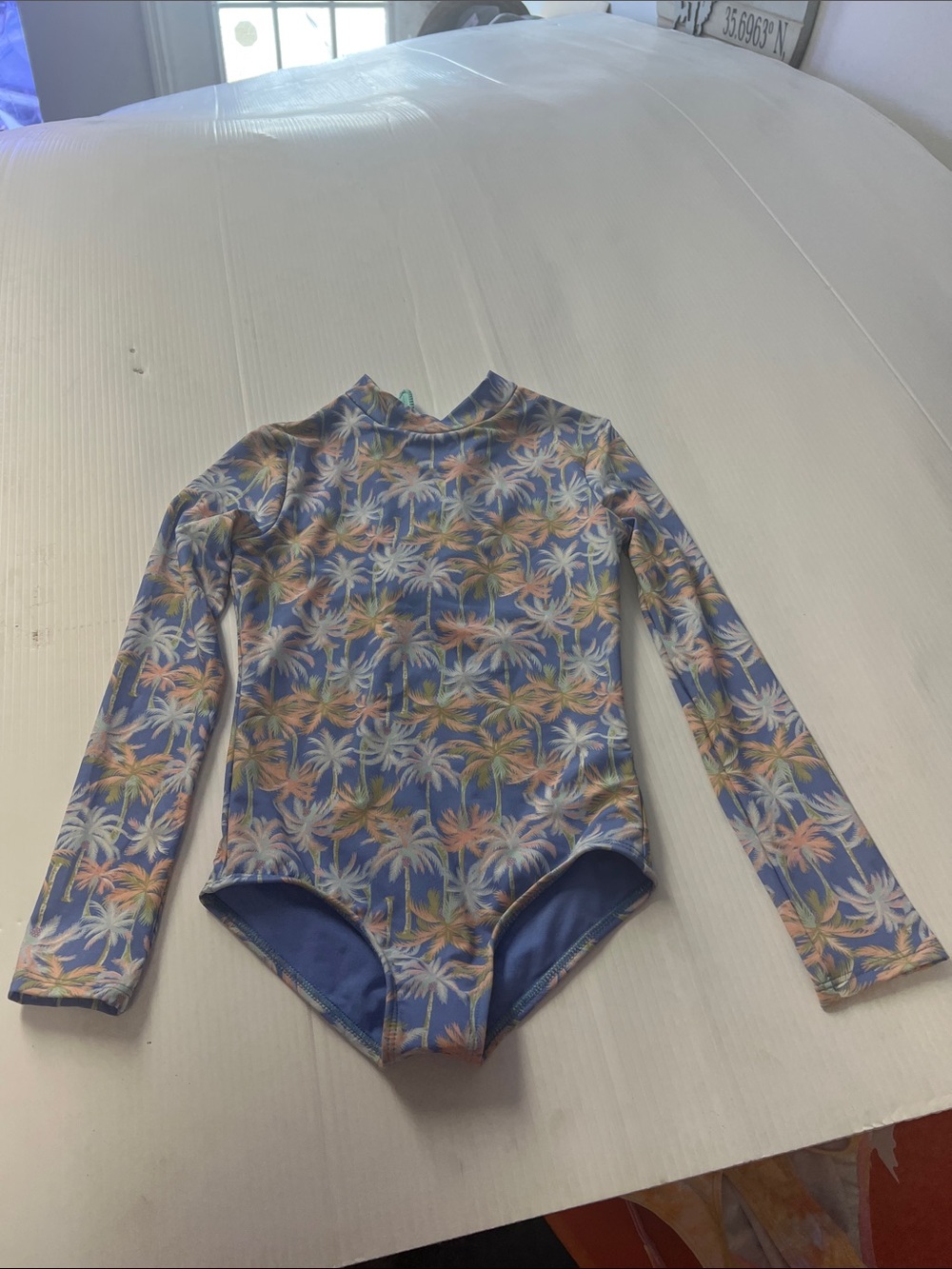Billabong Talk to the Palm Pastel Blue and Pink Palm Print Body Suit Rash Guard - Picture 4 of 6